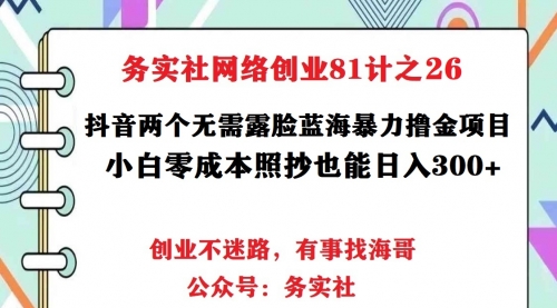 务实社网创81之24:抖音2个无需露脸蓝海暴力项目,小白零成本照抄也能日入300+